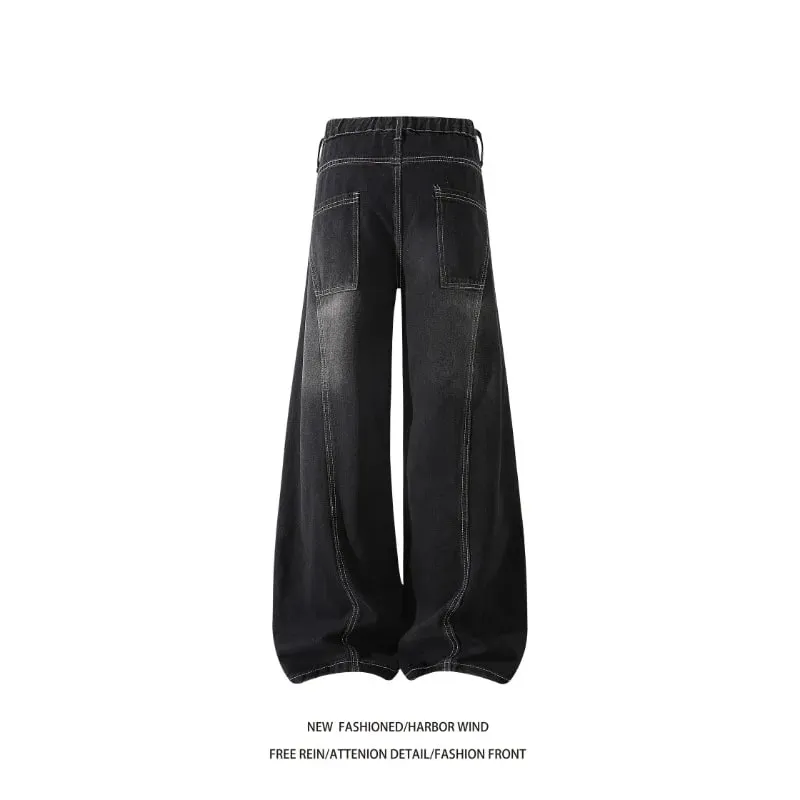 Men 2026 American Style Wide Leg Scimitar Jeans Contrast Stitch Spliced Pleated Design Loose Casual Long Denim Pants For Male — image 6