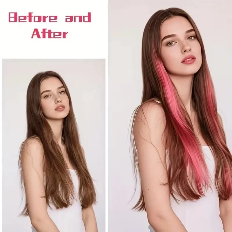 22Inch Synthetic 6pcs Long Straight Hair Extension Colored Rainbow High-Temperature Fiber Hairpiece for Women Daily Party Use