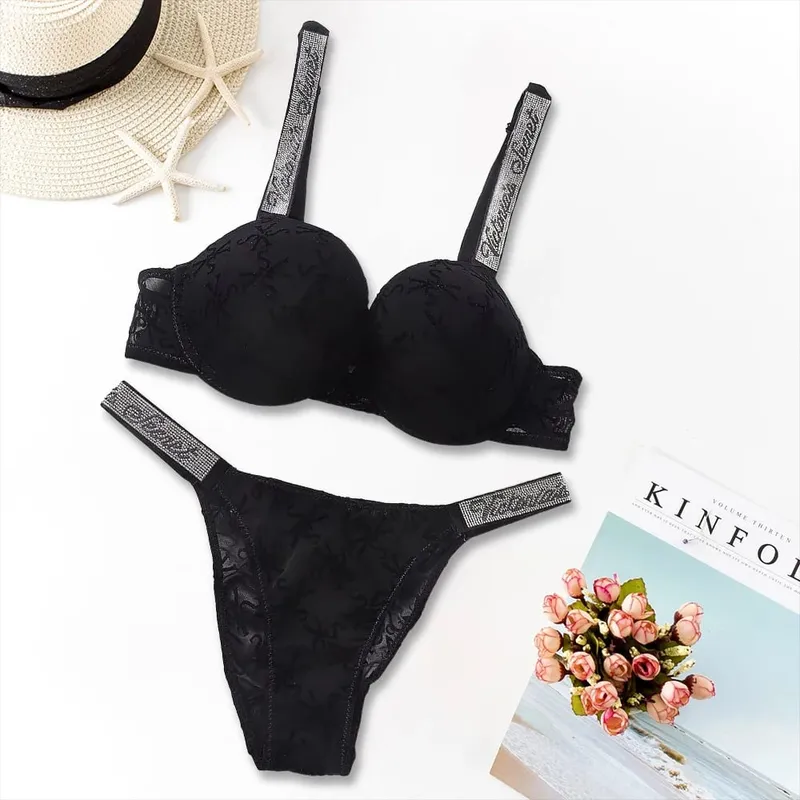 Victoria's Secret Lingerie Set Heart Pattern Trim Stretchy Breathable underwear Set Women's Sexy Lace Bralette Bra and Panty Set