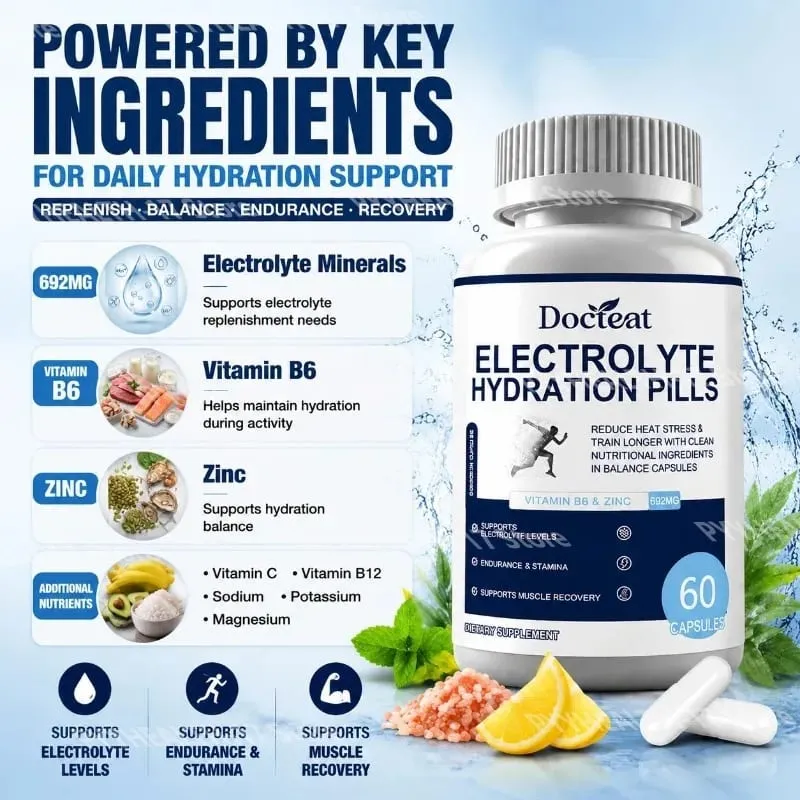 Electrolyte Hydration Capsules with Vitamin B6 & Zinc for Hydration Endurance & Muscle Recovery Support 60 Capsules
