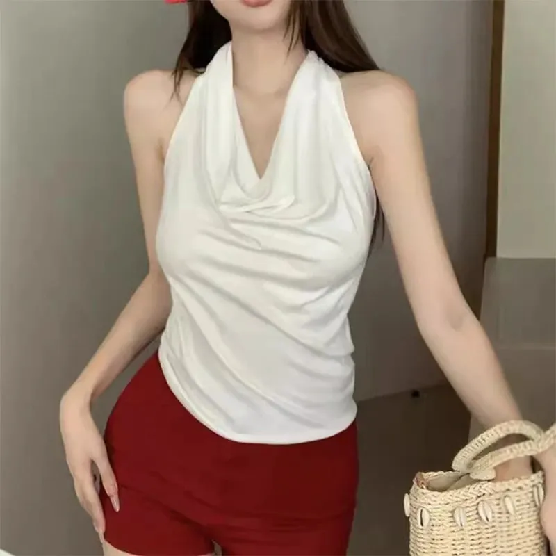 1pcs Girls Solid Simple Vests Female Casual Cool Sexy Beautiful Tank Tops Summer Travel Women's Thin Halter Vest Sleeveless Tees
