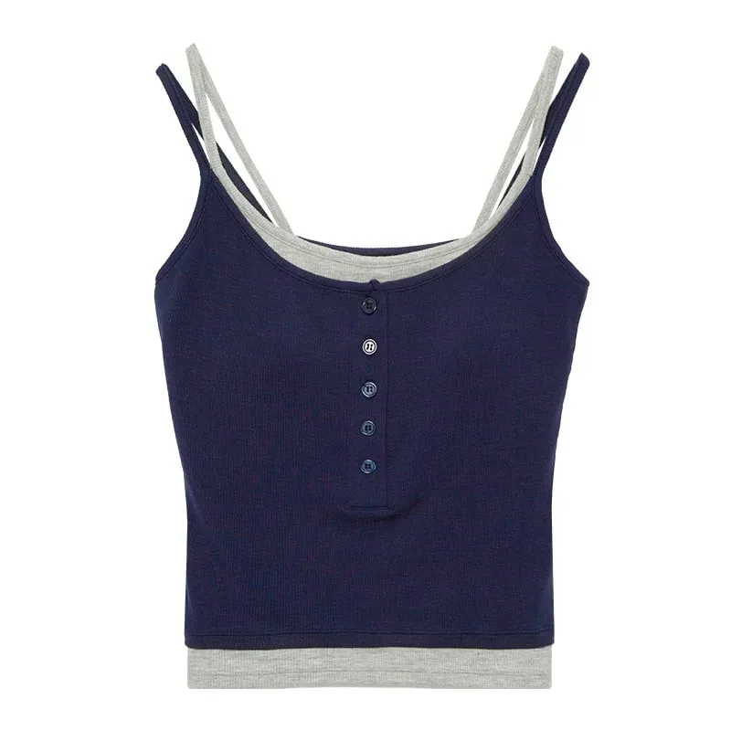 Spicy Girl Fake Two-piece Color Blocking Tank Top with Chest Pad Summer Spaghetti Strap Square Neck Button Casual Slim Fit Camis — image 9
