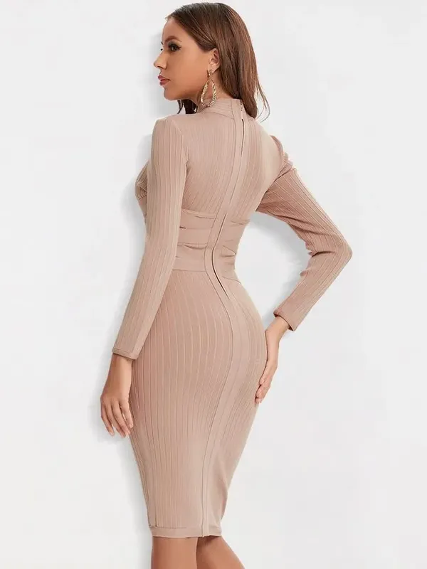 Sexy Red Bandage Dress 2023 Nude Turtleneck Long Sleeves Office Bodycon Dress Cross Criss Women Midi Vestidos Maxi XL