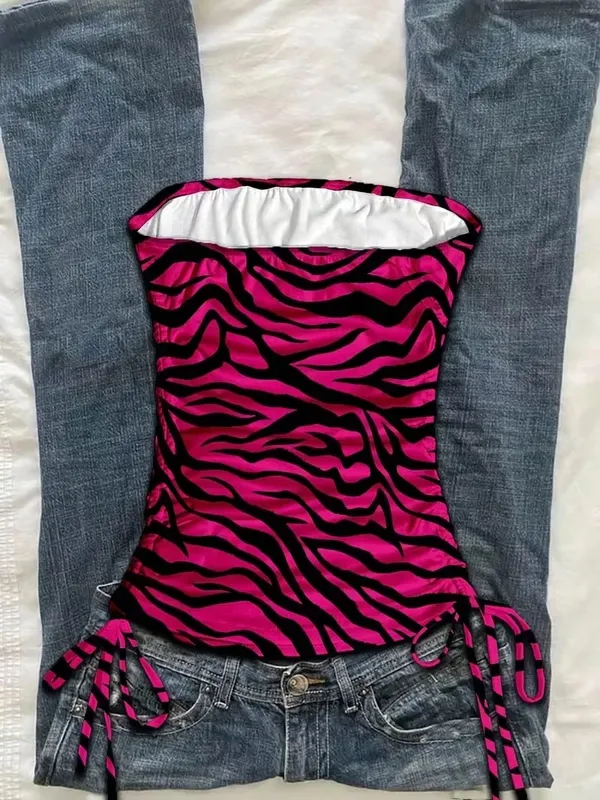 Cropped Top Women's Summer Vacation Pleated Lace Up Leopard Print Vest Sleeveless Zebra Print Top Pink Zebra Print Top