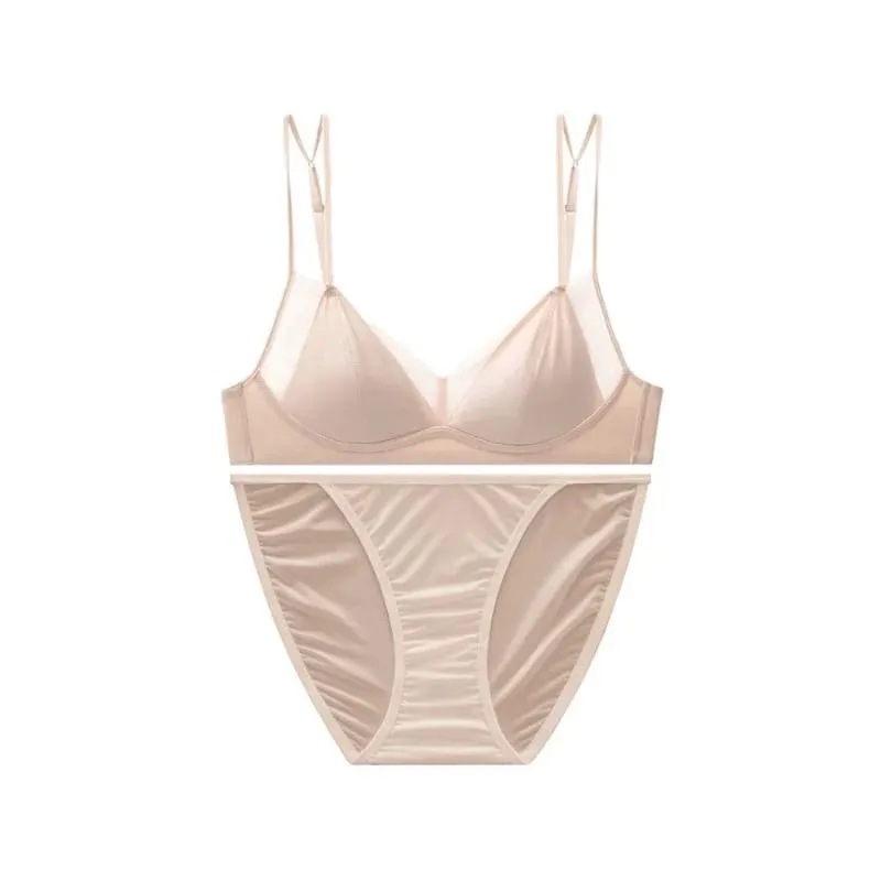 Modish Leopard Intimate Set Non-wire Thin Triangle Bra Breathable Summer Nude Fabric Small Chest Firm Gathering Womens Indoor
