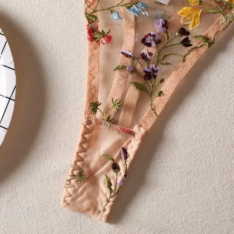 Bohemia Transparent Lingerie Set Push Up Ultra-thin Panties Bra Set Elegant Embroidery Floral Underwear Women