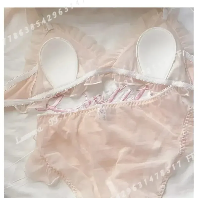Lolita Style Thin Lace Triangle Cup Bra Set for Women Cute Small Bust Sexy Lingerie Underwear — image 2