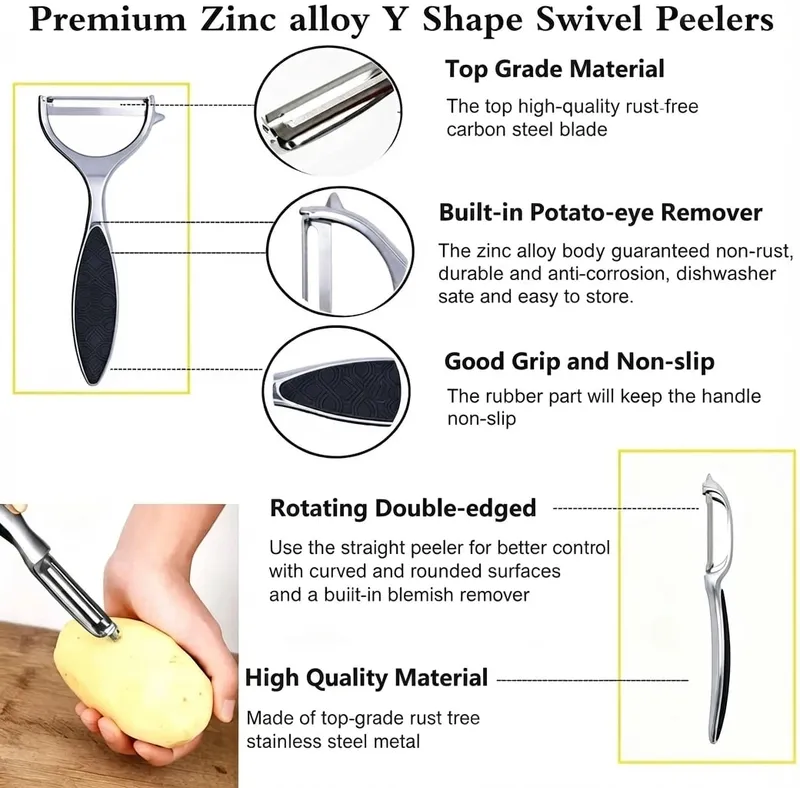 2pcs Vegetable Peeler Set Zinc Alloy Y Shaped I Shaped Peelers for Potatoes Carrots Apples Cucumbers Kitchen Food Prep Tool Use — image 4