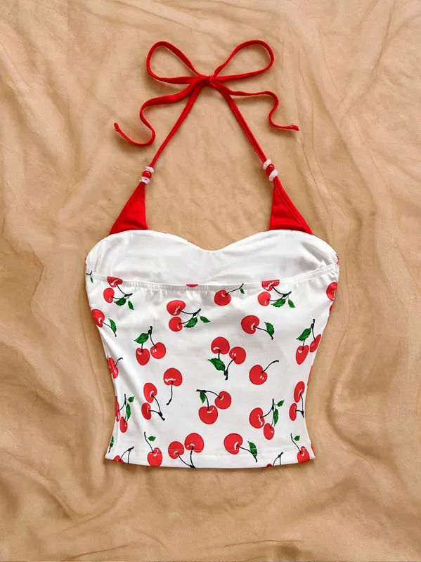 Women's Cherry Printed Color-blocking Beaded Halter Top Summer Beach Vacation Beach Party Summer Party