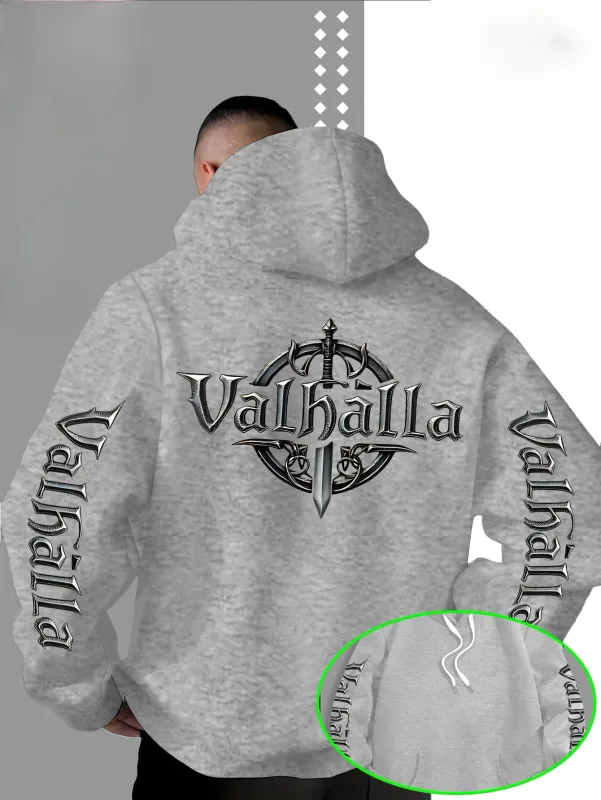 Streetstyle los Viking Valhalla zwaardvormig logo bedrukt sweatshirt met capuchon voor heren, geschikt voor herfst en winter. — image 3