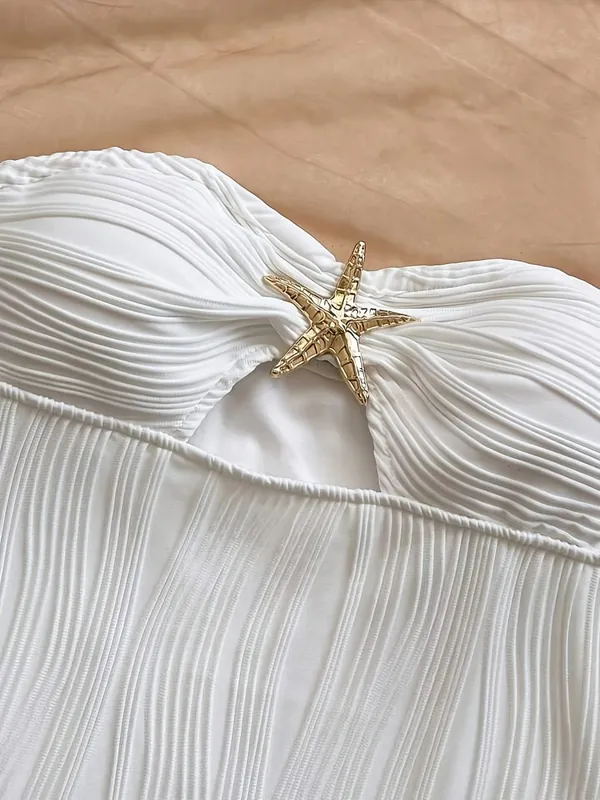 Women's Summer Sexy Party Date Beach Dress Texture Hollow out Mini Skirt with Metal Starfish Decoration Fitted And Attractive Wh