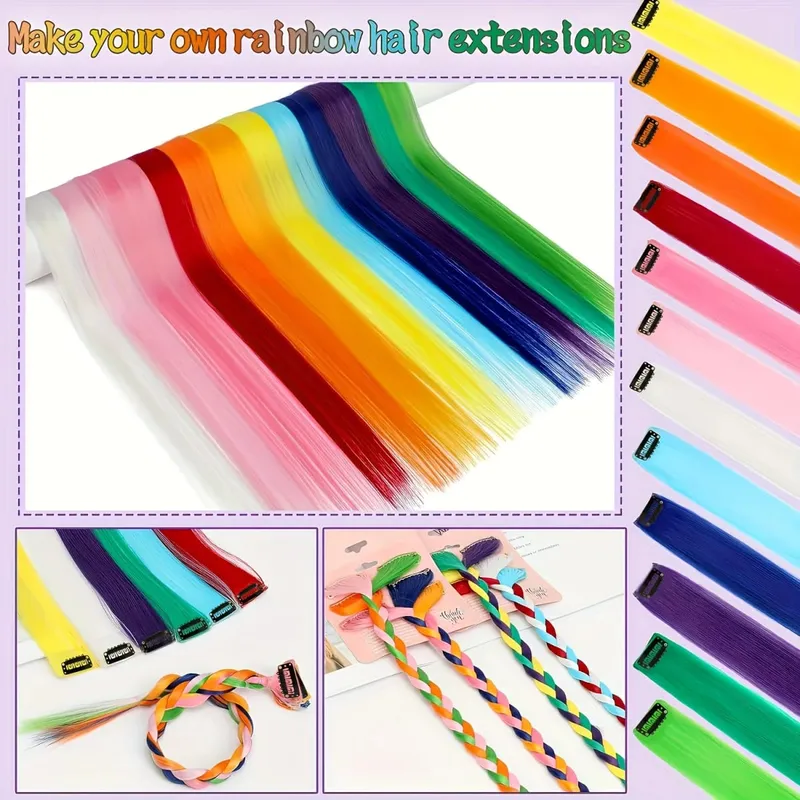 12 Pcs/lot Clip in Hair Extensions Multi-Colors Highlights Synthetic Hair 22 inch Rainbow Hairpieces for Girls Women Kids — image 7