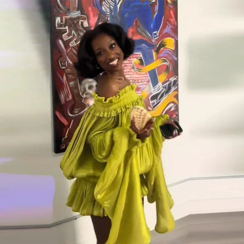 Chic Lime Green Off Shoulder Mini Dress Oversized Flare Sleeve Shiny Smocked Waist Bubble Hem Skirt Sexy Party Date Wear New
