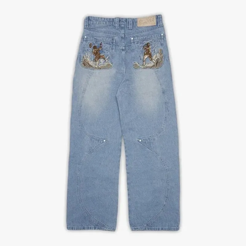 Men Black Baggy Jeans with Warrior Embroidery Pockets Wide Leg Denim Pants Y2K Streetwear Hip Hop Trousers