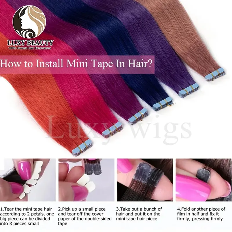 Colored Purple Mini Tape in Human Hair Extensions Invisible Seamless Tape in Hair 10pcs Pink Red Green Blue Mini Tape In Hair