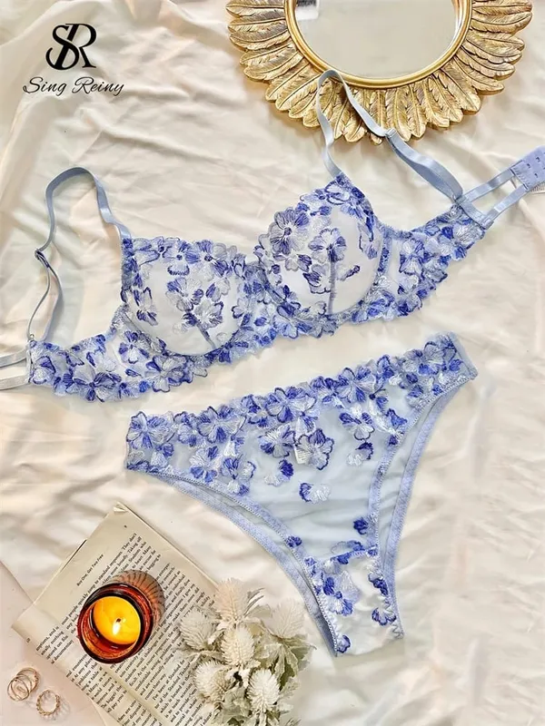 Lingerie velata a rete Abiti a due pezzi Set di biancheria intima floreale francese seducente Set di reggiseno e slip sexy con ricamo da donna — image 4