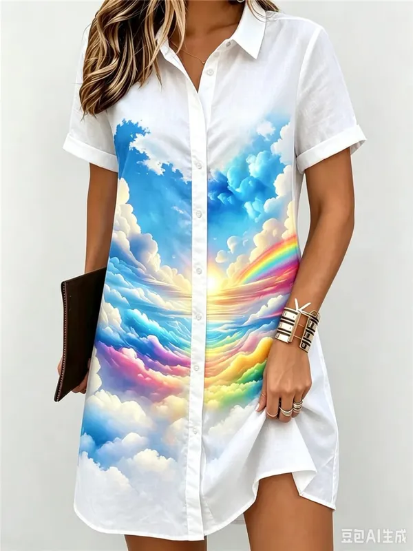 Fashion Colorful Clouds Pattern Women Shirt Dresses Short Sleeve 3d Print Lady Street Blouse Dress Turn-Down Collar Casual Dress
