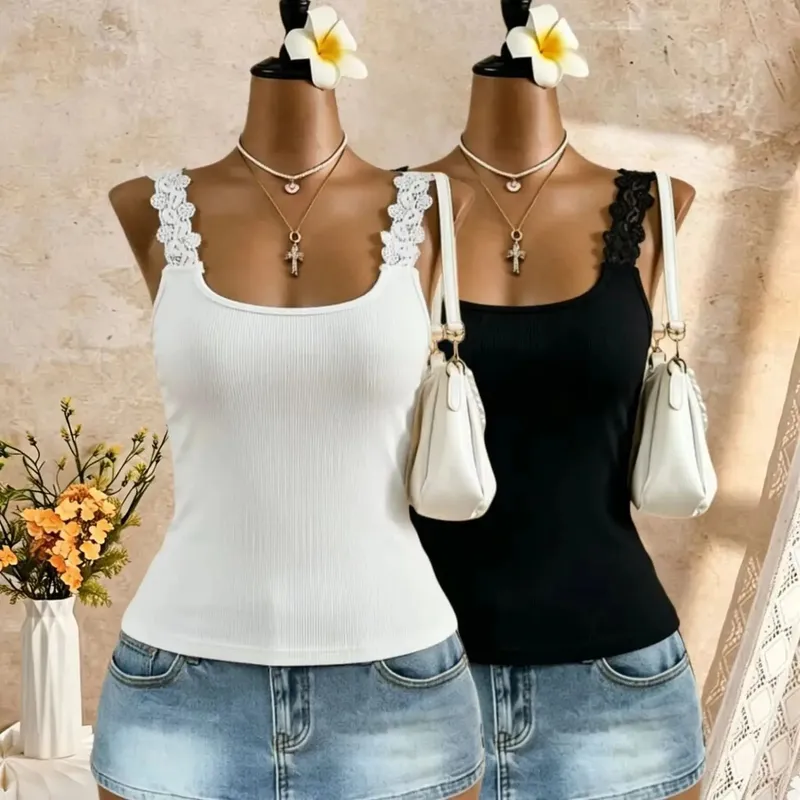 2 Pcs Women Lace Trim Spaghetti Strap Tank Top Ribbed Knit Square Neck Slim Fit Solid White Black Casual Cami Vest — image 6