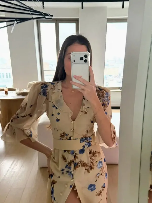 Floral Print Ruffle V Neck Waist Cinching Long Dresses Split Hem Single Breasted Maxi Dress 2026 Party Beach Vacation Vestidos