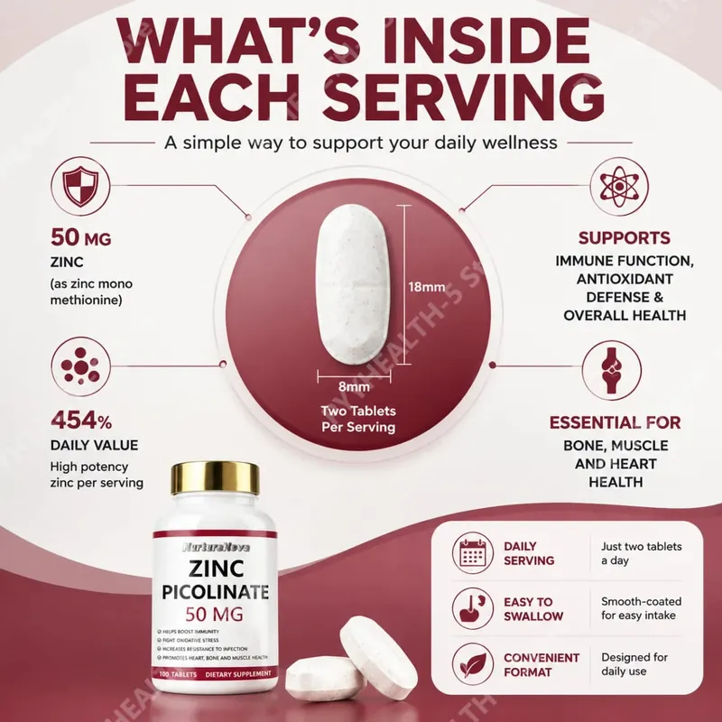 Zinc Picolinate Tablets for Antioxidant Support Bone and Muscle Wellness Daily Mineral Supplement for Adults 100 Tablets