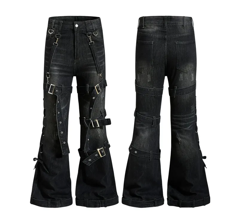Gothic Punk Multi Buckle Strap Slim Fit Black Jeans Man Woman Ripped Vintage Techwear Bootcut Jeans — image 8
