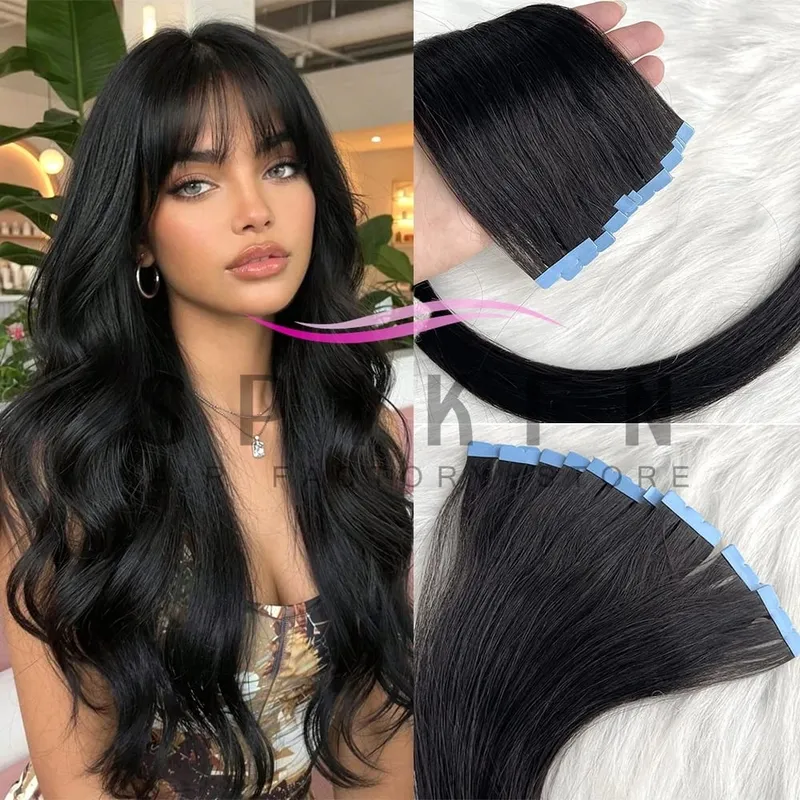 Mini Tape In Human Hair Extensions 12"-20" Machine Remy Skin Weft Adhesive Tape Hair Natural Black Tape Ons 10pcs for Women — image 2