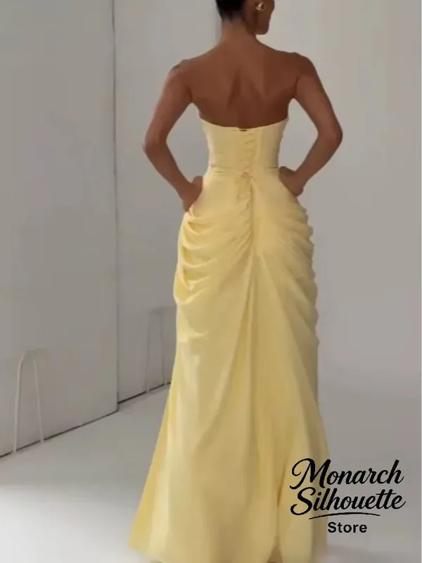 Elegant Yellow Strapless Pleated Long Dress Women Chic Solid Sleeveless Waist Cinching Split Gown 2026 Lady Evening Party Robes
