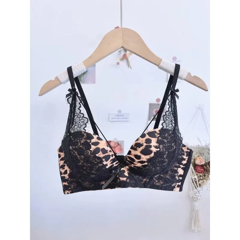 Hot Sale Leopard Print Cross Push‑Up Bra Set Wireless Seamless Anti Sag Lifting Sexy Underwear Lingerie For Women