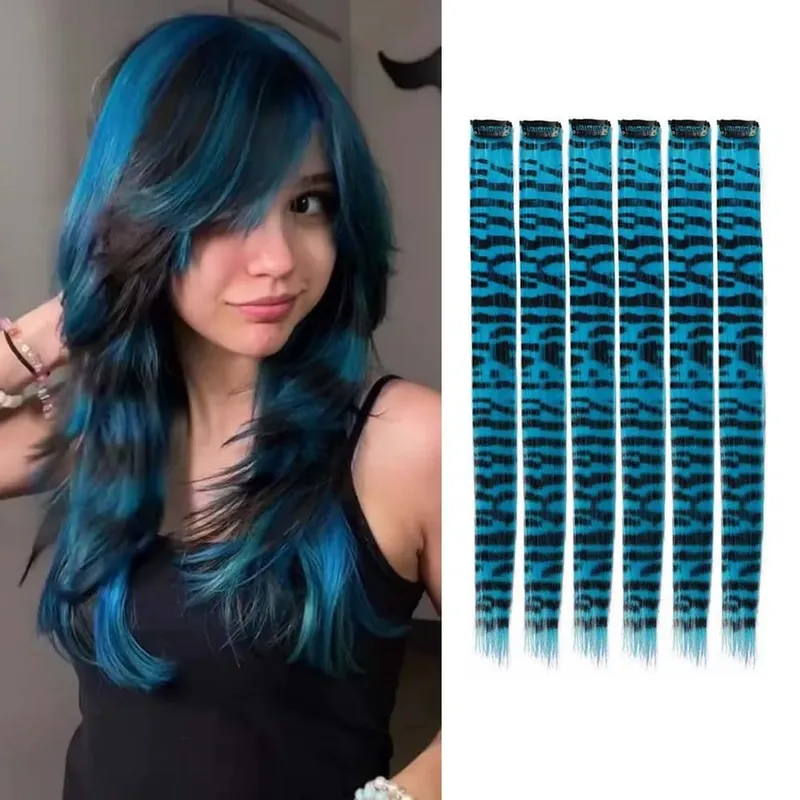 6pcs/set Stripe Printed Hair Colorful Long Straight Hair Piece Synthetic Clip-in Hair Extensions Daily Party Halloween Christmas