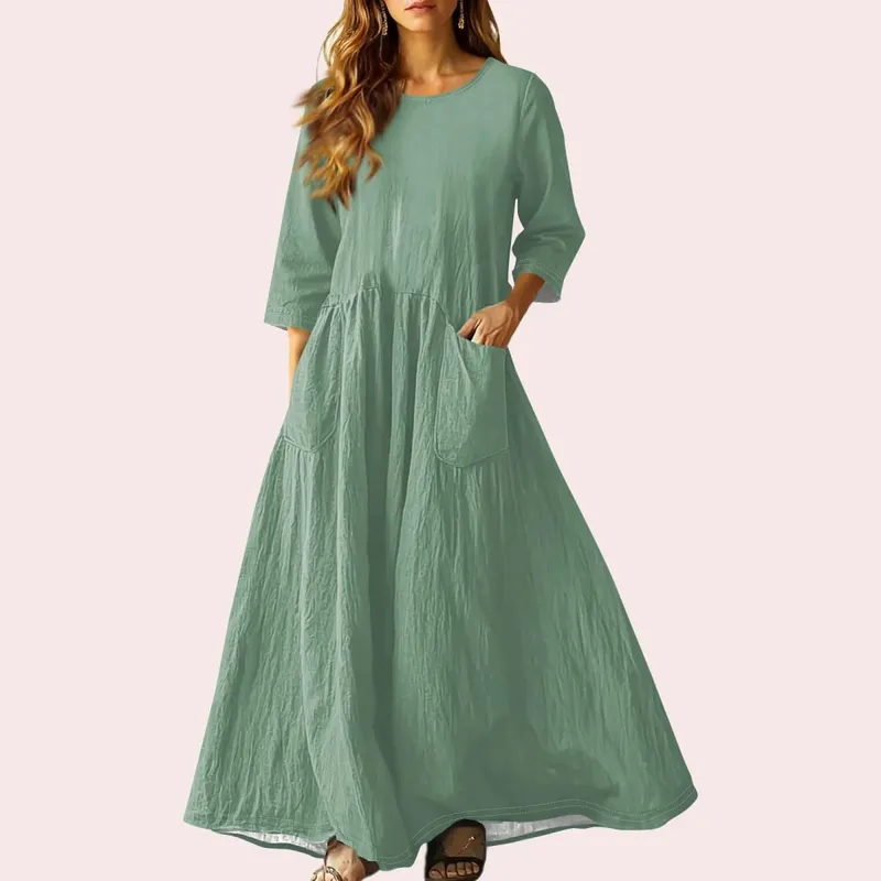 Women's Summer Loose Long Dresses Solid Color Three-quarter Sleeve Double Pocket Dress Loose Round Neck Linen Dress Vestidos