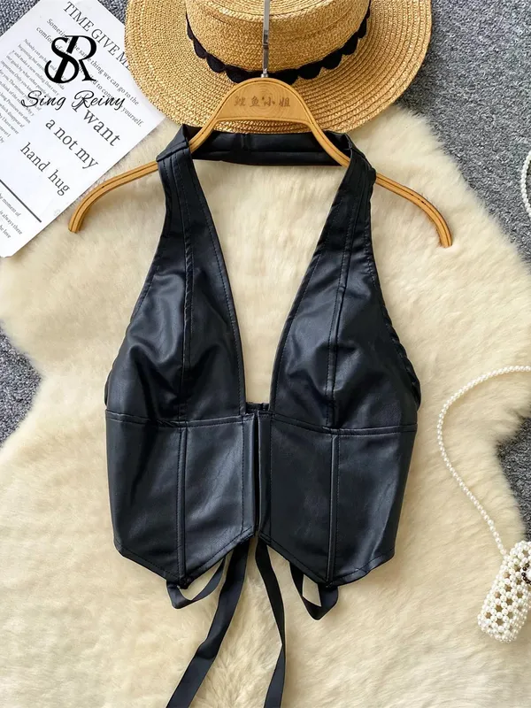 Halter PU Leather Vintage Top Women Deep V Neck Sleeveless Short Camisole Fashion Backless Lingerie Sexy Club Tank Top