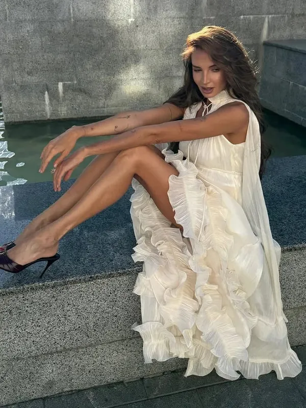 Stunning Shiny Ruffles Lace Up Mini Dress Chic Loose Hollow Out A-line Pleated Vestidos Lady Summer Party Gowns 2026 Spring New