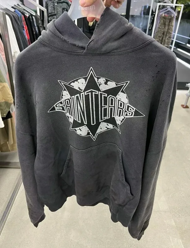 24FW SAINT Vintage Angel Printed Distressed Women Men Hooded Sweatshirt Hoodies Oversized Men Casual Cotton Pullover Hoodie