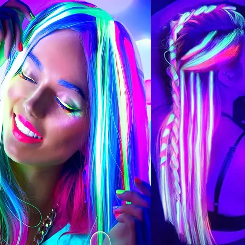 Extensiones de cabello que brillan en la oscuridad, 20 pulgadas, Clip, postizos de colores luminosos, pinzas para el cabello de arcoíris, peluca sintética recta
