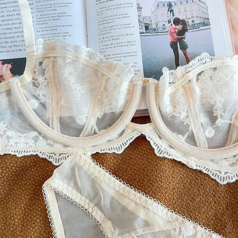 Embroidered Bralette & Panty Set for Women Ultra-Thin Comfort Underwire Support Large Size Lingerie
