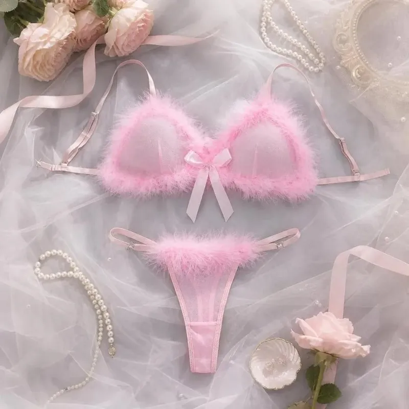 Furry Women's Underwear Wireless Bow Decor Lingerie Set Romantic Intimate Mesh Transparent Bra Panties Suit Anniversary — image 6