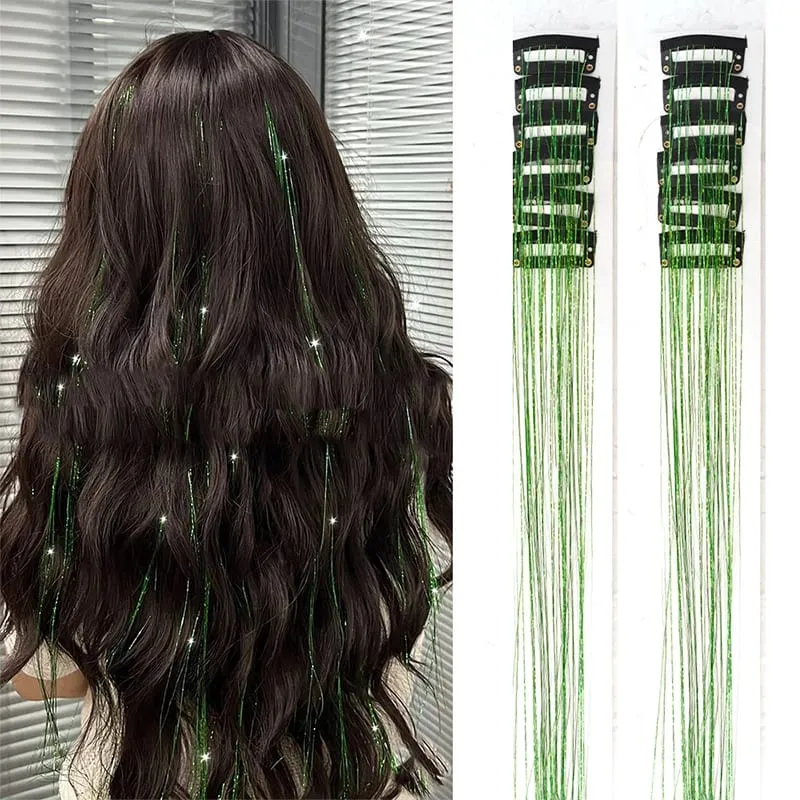 12pcs Per Pack of BB Hair Clips Shiny Metallic Hair Extensions with Clips Synthetic Hair Sparkling Hair Accessories for Women