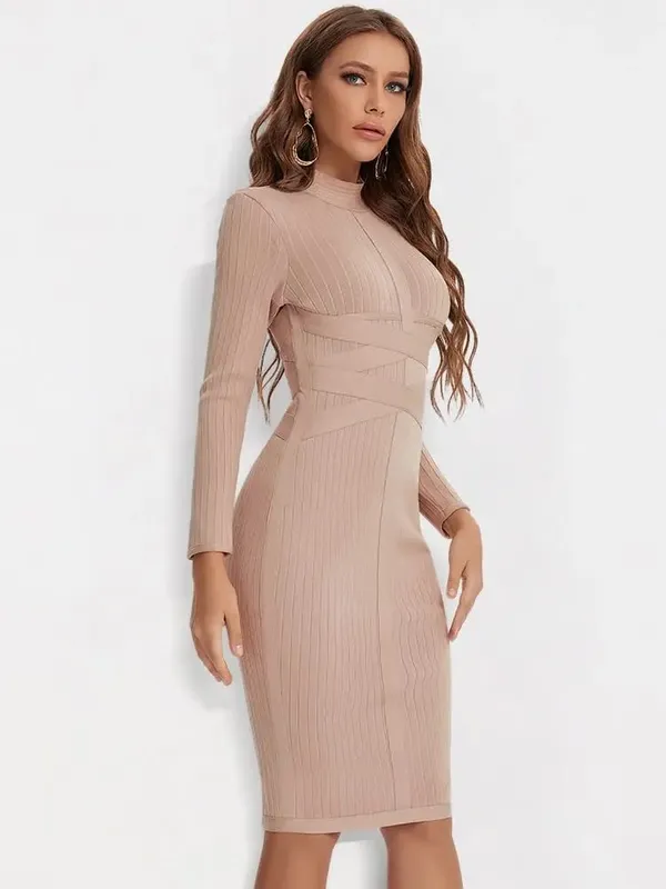 Sexy Red Bandage Dress 2023 Nude Turtleneck Long Sleeves Office Bodycon Dress Cross Criss Women Midi Vestidos Maxi XL