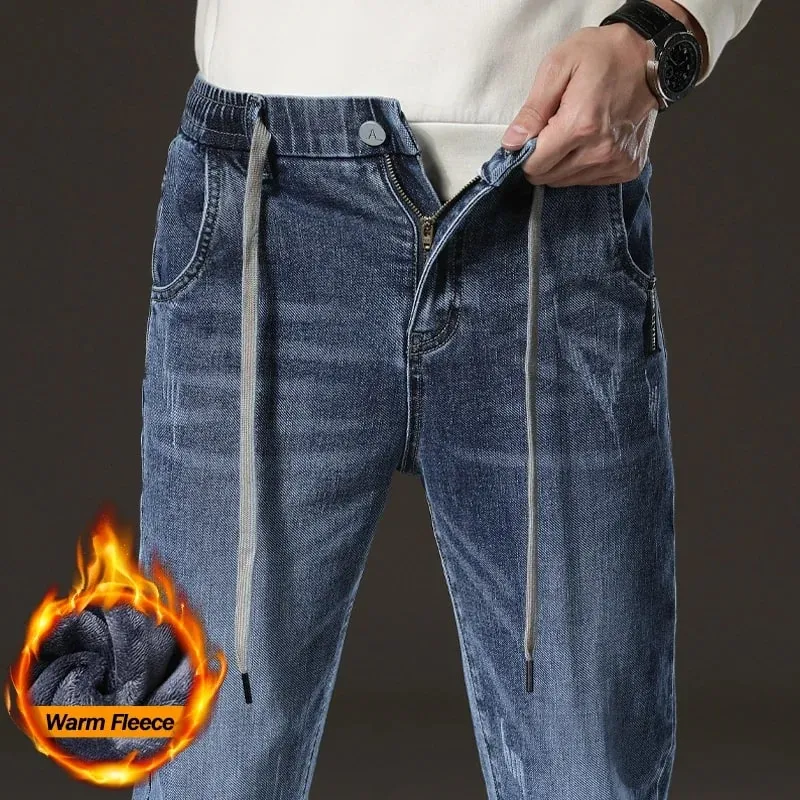 Warm Winter Jeans Men's Fleece Light Blue Slim Straight Denim Pants High Quality Thicken Velvet Elastic Comfort Casual Trousers — image 2