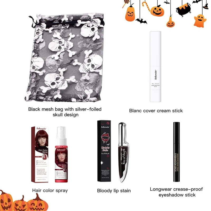 5pcs Goth Halloween Makeup Set Foundation Stick Red Temporary Hair Color Spray Lip Stain Eyeshadow Stick Cosplay Party Makeup