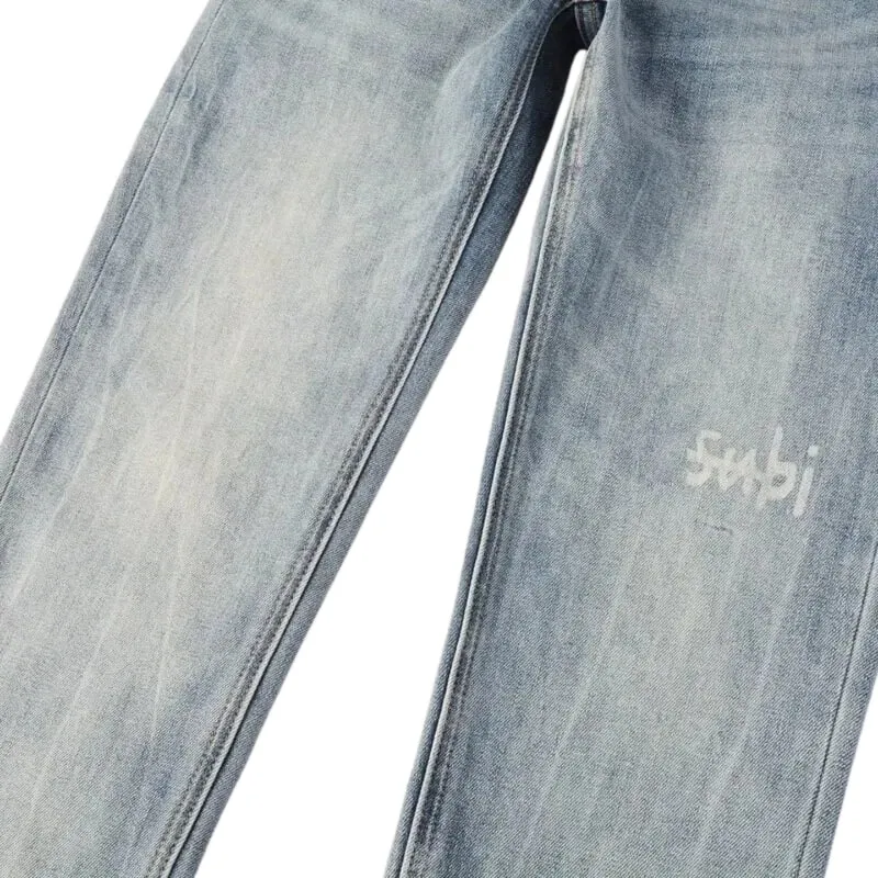 Men's High Street Light Blue Washed Distressed Denim Jeans With Embroidered Letter Motif Button Fly Suitable For All‑Season Wear