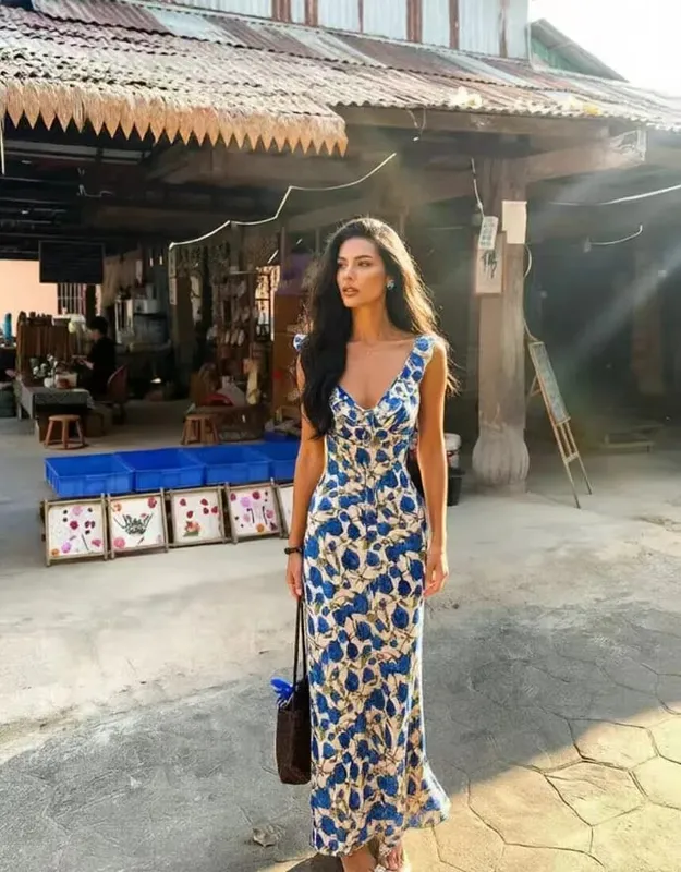 Summer Flower Printed Women's Sexy Low-cut Sleeveless Backless Slim Sling Ruffles Dresses 2026 Beach Vacation Lady Vestidos
