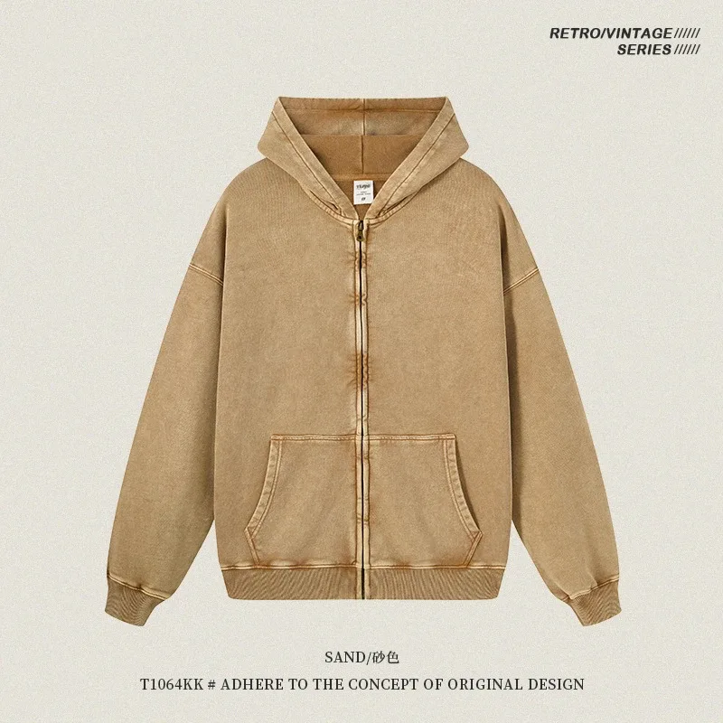 Retro Autumn Batik Washed Zipper Hoodie For Men Unisex Oversized Distressed 420gsm Terry 100% Cotton Hooded Coats HY0936