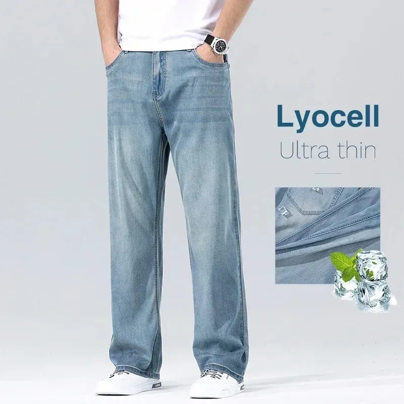 Men's Loose Jeans Summer Fashion Drape Soft Fabric Ultra Thin Pants Wide Legs Ice Silk Lyocell Business Straight Denim Trousers — image 4