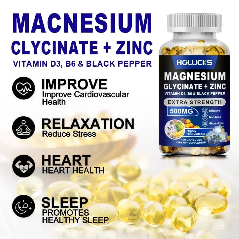 Magnesium Glycinate & Zinc Supplement for Muscle Joint Bone Enzyme & Heart Health Support Immune Relaxation Mood