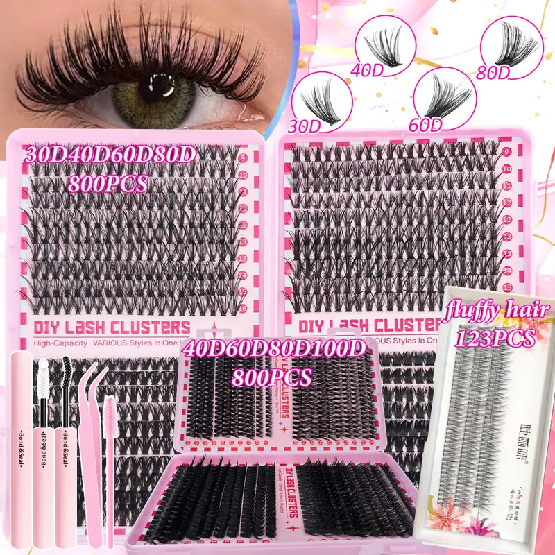 Large Capacity 123/800PCS Eyelash Extension Kit Easy to Apply Even for Beginners Soft Fluffy Dense Natural to Dramatic Eye Looks