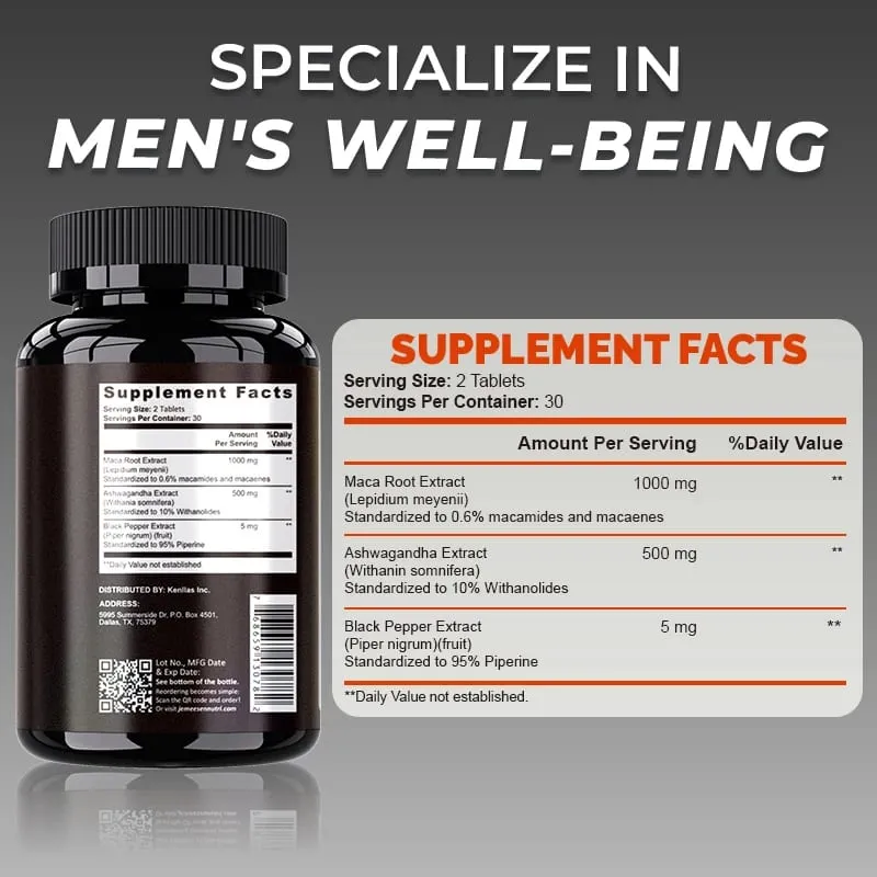 Capsules de poudre de racine de Maca biologique, 1500 mg, contenant de l'extrait de racine de Maca, suppléments de poivre noir Ashwagandha pour hommes