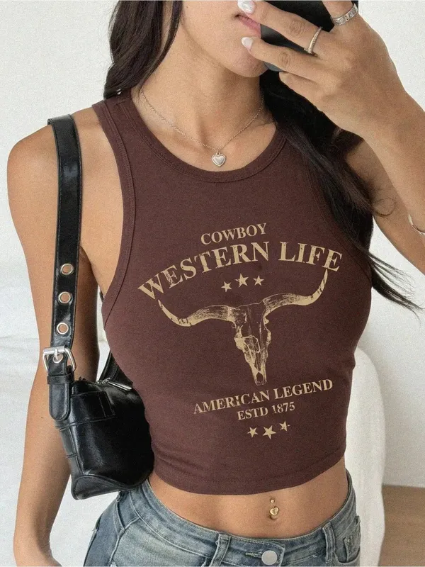 Ladies' Cow Head Bone Slogan Printed Brown Tone Tank Top Sleeveless Commuter Inner Wear Outer Wear Spicy Girl Street Casual Top0