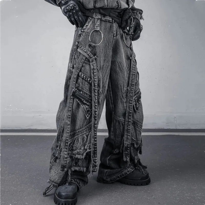 Correias desconstruídas lavadas calças de brim de carga do vintage homem mulher techwear estilo wasteland perna larga tático calças largas street wear