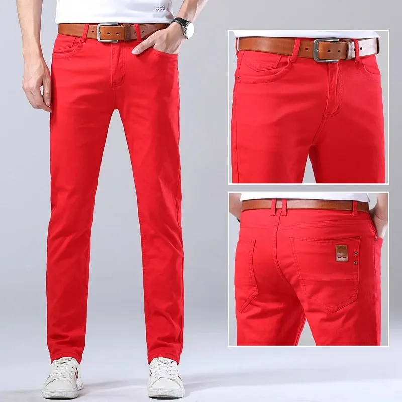 Spring New Men's Red Elastic Jeans Korean Slim Straight Leg Wash Denim Pants Comfortable Soft Casual Trendy High End Trousers — image 3